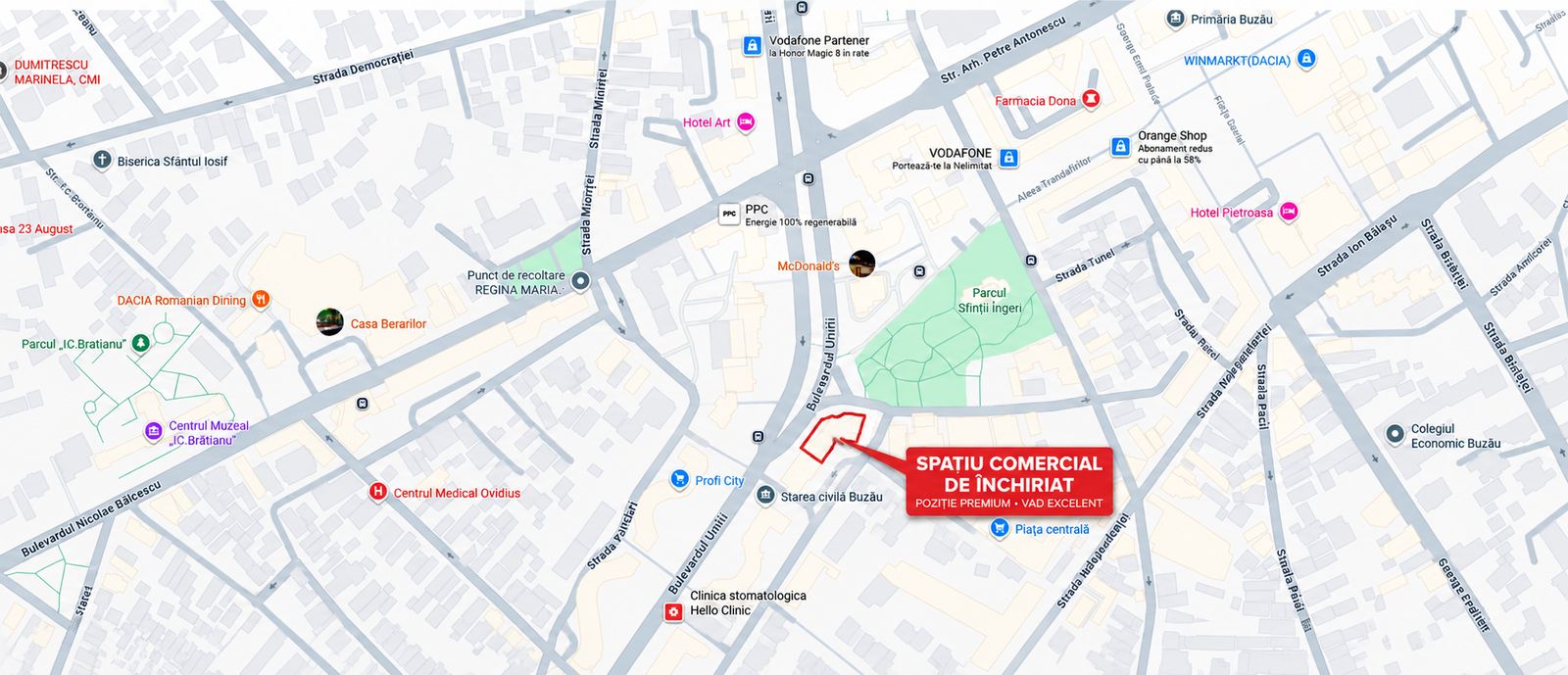 Harta zonei: spațiul comercial de închiriat, lângă Piața Centrală Buzău